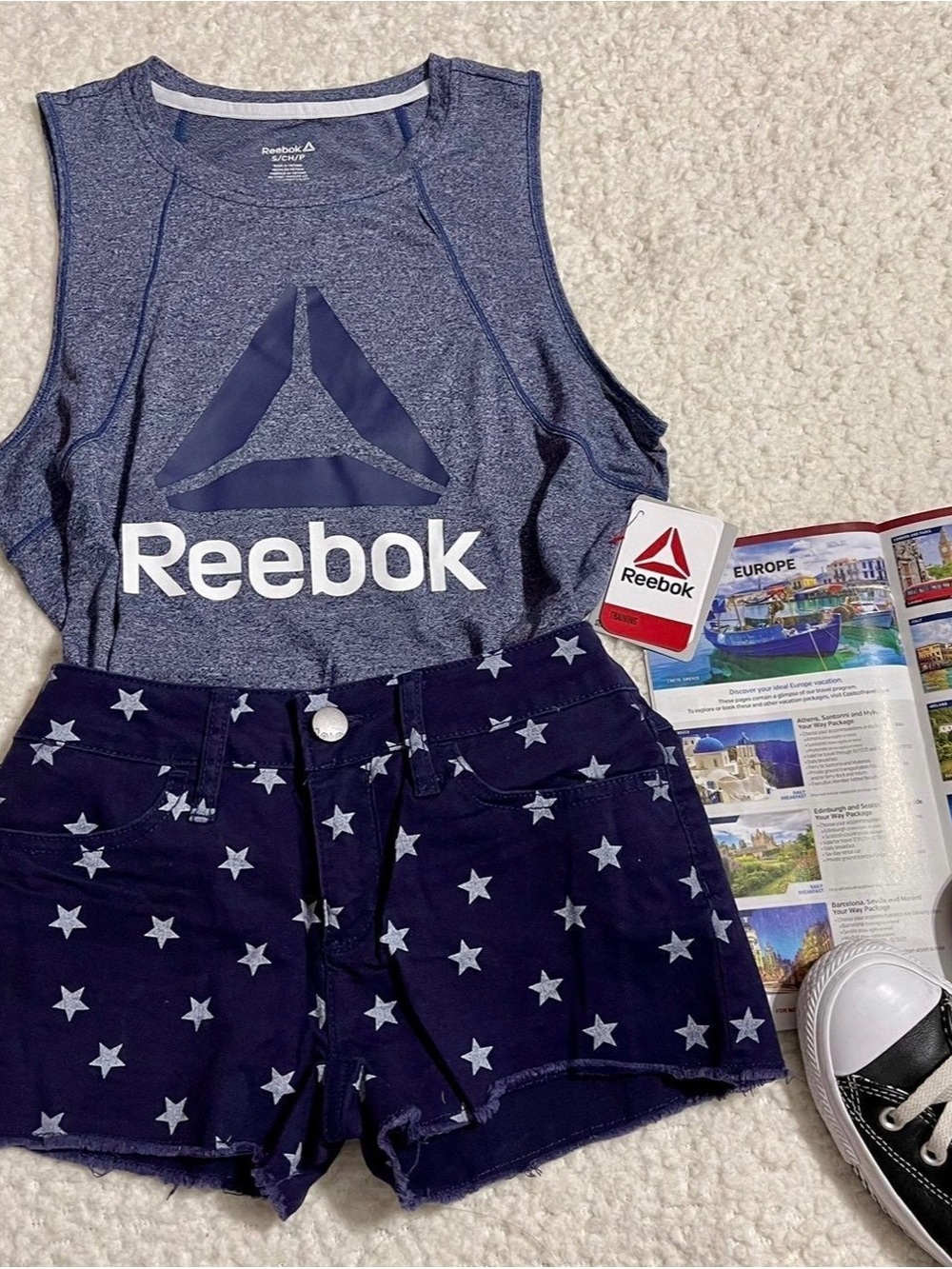 Reebok Blue Heather Logo Tank Top with White Logo